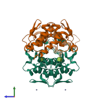Hetero tetrameric assembly 3 of PDB entry 1y75 coloured by chemically distinct molecules, side view.