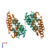 Hetero tetrameric assembly 3 of PDB entry 1y75 coloured by chemically distinct molecules, top view.