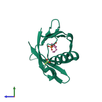 Monomeric assembly 1 of PDB entry 1y9t coloured by chemically distinct molecules, side view.