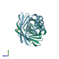 PDB entry 1yoc coloured by chain, side view.