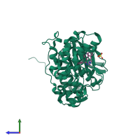 PDB entry 1yqj coloured by chain, side view.