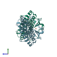 PDB entry 1yv1 coloured by chain, side view.