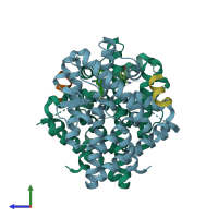 PDB entry 1yye coloured by chain, side view.