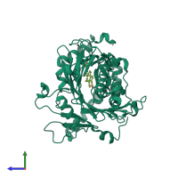 PDB entry 1zhz coloured by chain, side view.