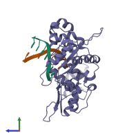 PDB entry 1zqh coloured by chain, side view.