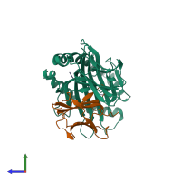 Hetero trimeric assembly 2 of PDB entry 1zvs coloured by chemically distinct molecules, side view.