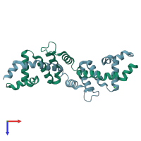 PDB entry 2a72 coloured by chain, top view.