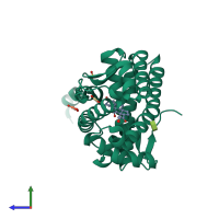 PDB entry 2aa2 coloured by chain, side view.