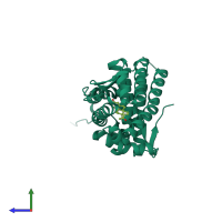 Monomeric assembly 1 of PDB entry 2aa5 coloured by chemically distinct molecules, side view.
