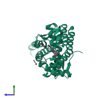 Monomeric assembly 1 of PDB entry 2aa7 coloured by chemically distinct molecules, side view.