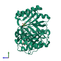 Homo trimeric assembly 1 of PDB entry 2aal coloured by chemically distinct molecules, side view.