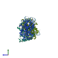 PDB entry 2akc coloured by chain, side view.