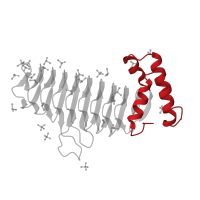 The deposited structure of PDB entry 2aq9 contains 1 copy of CATH domain 1.20.1180.10 (Udp N-acetylglucosamine O-acyltransferase; Domain 2) in Acyl-[acyl-carrier-protein]--UDP-N-acetylglucosamine O-acyltransferase. Showing 1 copy in chain A.