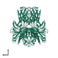 Homo hexameric assembly 3 of PDB entry 2aqt coloured by chemically distinct molecules, side view.