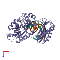 Hetero trimeric assembly 1 of PDB entry 2au0 coloured by chemically distinct molecules, top view.