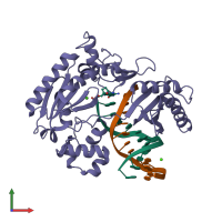 Hetero trimeric assembly 2 of PDB entry 2au0 coloured by chemically distinct molecules, front view.