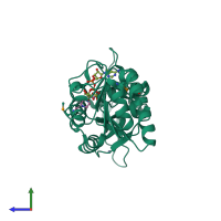 Monomeric assembly 2 of PDB entry 2b4y coloured by chemically distinct molecules, side view.