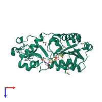 Monomeric assembly 3 of PDB entry 2b4y coloured by chemically distinct molecules, top view.