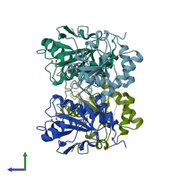 PDB entry 2b7j coloured by chain, side view.