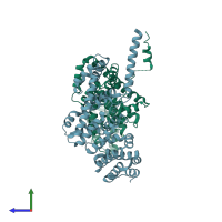 PDB entry 2bnx coloured by chain, side view.