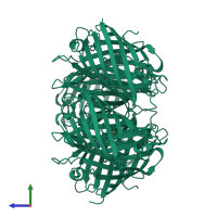 Homo tetrameric assembly 1 of PDB entry 2c9j coloured by chemically distinct molecules, side view.