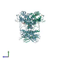 PDB entry 2cja coloured by chain, side view.