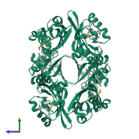 Homo hexameric assembly 1 of PDB entry 2cmn coloured by chemically distinct molecules, side view.