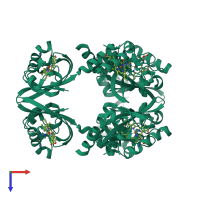 Homo hexameric assembly 1 of PDB entry 2cmn coloured by chemically distinct molecules, top view.
