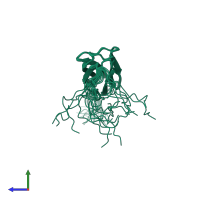 PDB entry 2cqv coloured by chain, ensemble of 20 models, side view.