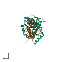 PDB entry 2d07 coloured by chain, side view.