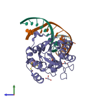 PDB entry 2dem coloured by chain, side view.