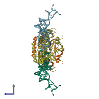 PDB entry 2deu coloured by chain, side view.