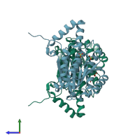 PDB entry 2dtd coloured by chain, side view.