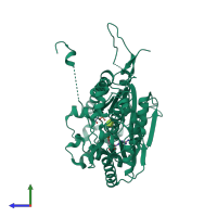 PDB entry 2dwo coloured by chain, side view.