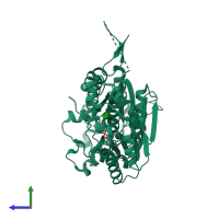 PDB entry 2dwp coloured by chain, side view.