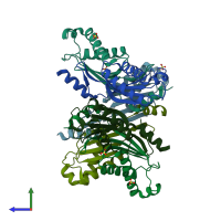 PDB entry 2ec2 coloured by chain, side view.