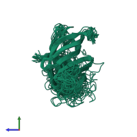 PDB entry 2f3i coloured by chain, ensemble of 21 models, side view.