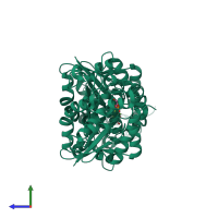 Homo dimeric assembly 1 of PDB entry 2f90 coloured by chemically distinct molecules, side view.