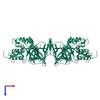 Homo tetrameric assembly 3 of PDB entry 2fjr coloured by chemically distinct molecules, top view.