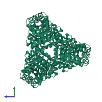 Homo hexameric assembly 2 of PDB entry 2fli coloured by chemically distinct molecules, side view.