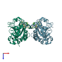 PDB entry 2fq9 coloured by chain, top view.