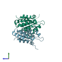 PDB entry 2fwb coloured by chain, side view.