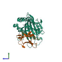 PDB entry 2fz3 coloured by chain, side view.