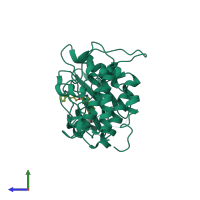 Monomeric assembly 1 of PDB entry 2ghg coloured by chemically distinct molecules, side view.