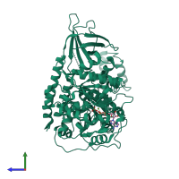 Monomeric assembly 1 of PDB entry 2gk6 coloured by chemically distinct molecules, side view.