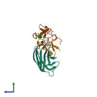 PDB entry 2hev coloured by chain, side view.