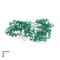 Homo tetrameric assembly 1 of PDB entry 2hiy coloured by chemically distinct molecules, top view.