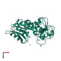 Monomeric assembly 2 of PDB entry 2hk7 coloured by chemically distinct molecules, top view.