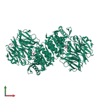 Homo dimeric assembly 1 of PDB entry 2hu5 coloured by chemically distinct molecules, front view.