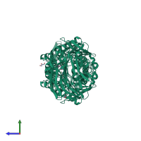 Homo dimeric assembly 1 of PDB entry 2hu5 coloured by chemically distinct molecules, side view.